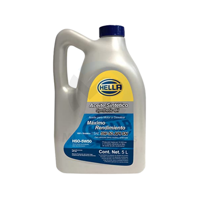 Aceite Sintético 5W50, marca Hella, Garrafa de 5 Litros.