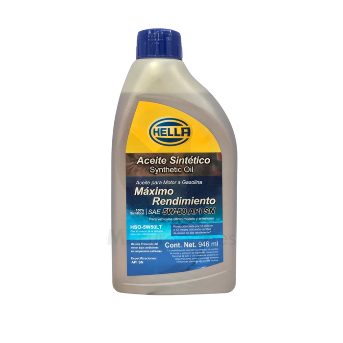 Aceite Sintético 5W50, marca Hella, 946 ml