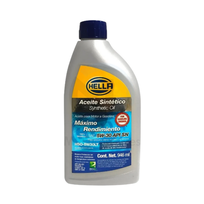Aceite Sintético 5W30, marca Hella, 946 ml