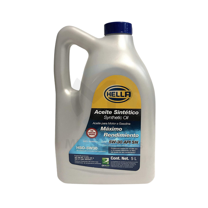 Aceite Sintético 5W30, marca Hella, Garrafa de 5 Litros.