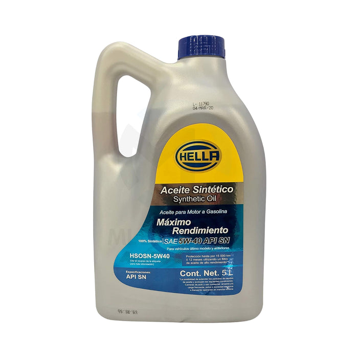 Aceite Sintético 5W40, marca Hella, Garrafa de 5 Litros.