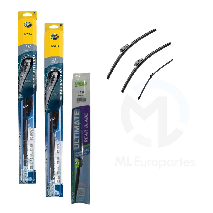 Kit de 3 Plumas Limpiaparabrisas: Delanteras 26, 21 y Trasera de 11 Pulgadas