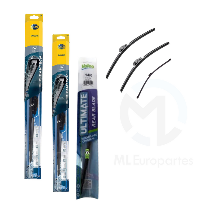 Kit de 3 Plumas Limpiaparabrisas: Delanteras 24, 16 y Trasera de 14 Pulgadas